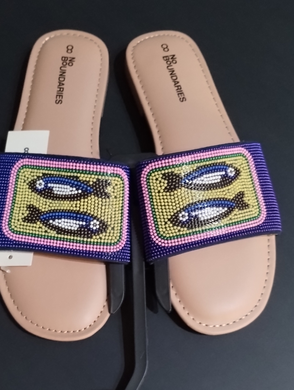 No Boundaries Beaded Fish Slide Sandals in Purple, Pink, Yellow, Blue